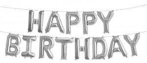 Серебряная надпись из шаров Happy Birthday для украшения торжества и фотозоны, купить в Букет шаров Измайлово.