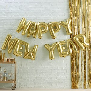 Золотая надпись Happy New Year с гелием, стильное новогоднее украшение для фотозоны, купить в Букет шаров Измайлово.