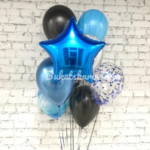 Связка синих, чёрных и голубых шаров со звёздой и конфетти на гелии, купить в Букет шаров Измайлово.
