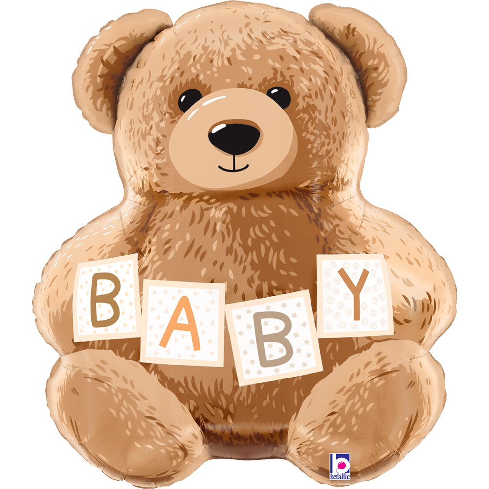 Коричневый плюшевый медвежонок с разноцветными кубиками BABY, добрыми глазками и улыбкой.