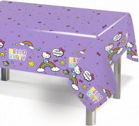 Фиолетовая скатерть с изображением Hello Kitty, радугой и облаками для детского праздника, купить в Букет шаров Измайлово.