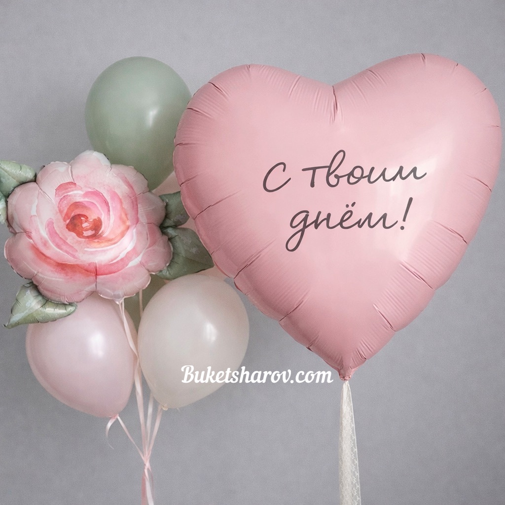 Розовое сердце С твоим днём и шар роза с гелием.
