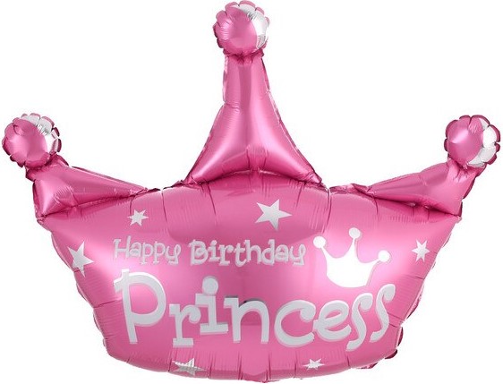 Гелиевый шар в виде розовой короны с надписью «Happy Birthday Princess» и белыми звёздами — идеальное украшение для дня рождения!