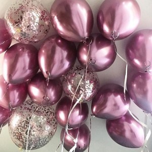 Связка розовых хромовых и прозрачных шаров с конфетти на гелии, купить в Букет шаров Измайлово.