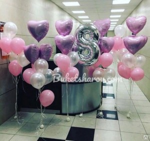 Нежные розовые белые серебряные шары с цифрой 8 для украшения 8 марта купить в Букет шаров Измайлово.