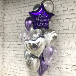 Фиолетовые и серебристые шары со звездами и конфетти на праздник, купить в Букет шаров Измайлово.