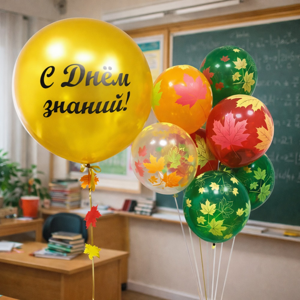 Композиция из осенних шаров с кленовыми листьями и надписью «С Днём Знаний!», купить в Букет Шаров.