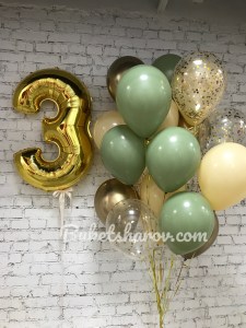 Золотая цифра 3 с оливковыми и прозрачными шарами с конфетти для праздника, купить в Букет шаров Измайлово.