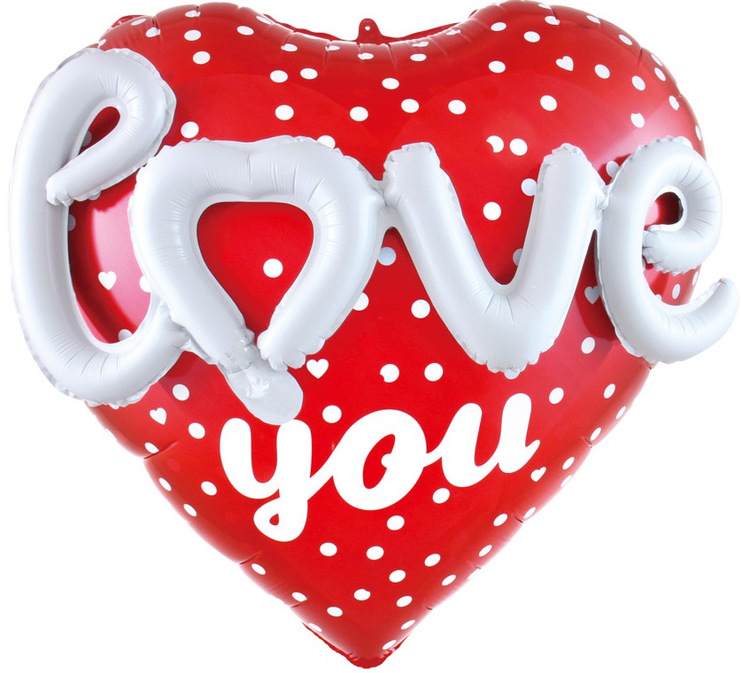 Красное сердце с надписью Love You и белыми точками для романтического подарка, купить в Букет шаров Измайлово.