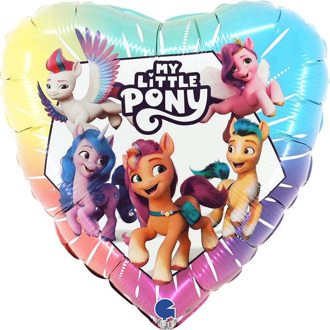 Яркое сердце с героями My Little Pony, изображение мультяшных пони в радужных цветах, купить в Букет шаров Измайлово.