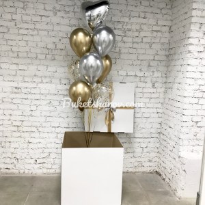 Связка золотых, серебристых и прозрачных гелиевых шаров с конфетти, купить в Букет шаров Измайлово.