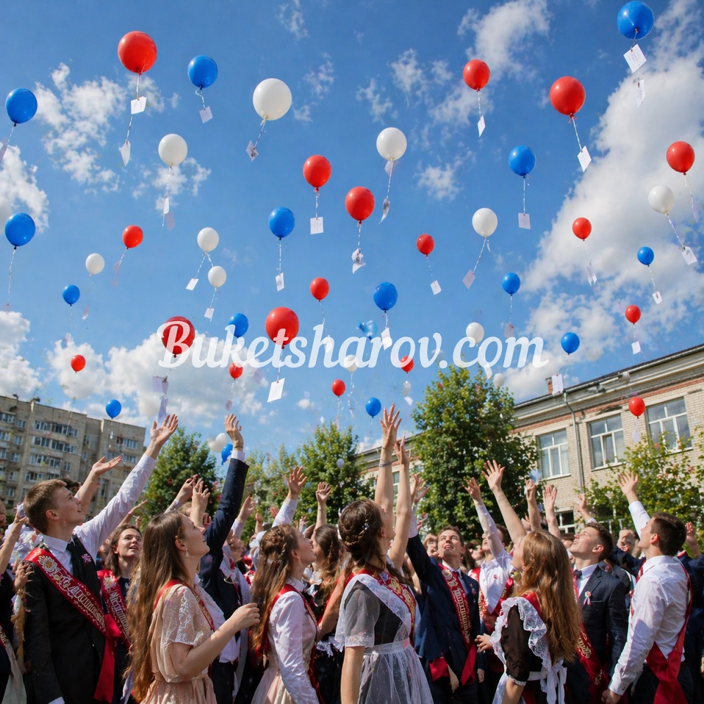 Запуск шаров триколор с карточками пожеланий на выпускном