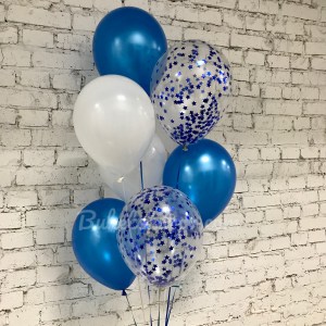 Связка синих и белых шаров с голубым конфетти на гелии, купить в Букет шаров Измайлово.