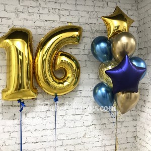 Золотые цифры шестнадцать с синими и фиолетовыми шарами, композиция с гелием, купить в Букет шаров Измайлово.