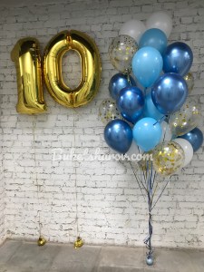 Золотая цифра 10 с синими и голубыми шарами с конфетти, купить в Букет шаров Измайлово.