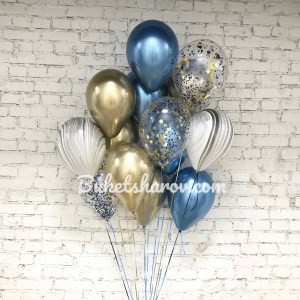 Связка синих агатовых и золотых хром шаров с конфетти — купить в Букет Шаров Измайлово с доставкой и самовывозом со скидкой 10%.