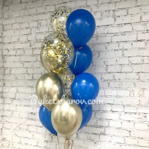 Связка с яркими синими и золотыми шарами и прозрачными с конфетти — купить в Букет Шаров Измайлово с доставкой и скидкой.
