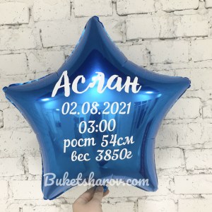 Связка синей фольгированной звезды с метриками и гелиевых шаров купить в Букет шаров Измайлово.