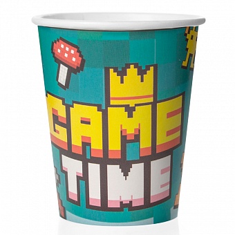 Яркие бумажные стаканы с пиксельным дизайном и надписью Game Time для игровой вечеринки, купить в Букет шаров Измайлово.