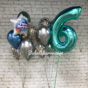 Бирюзовые и серебряные шары с цифрой и звёздами, купить в Букет шаров Измайлово.