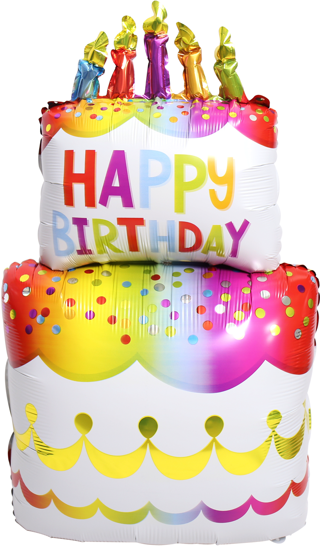 Фольгированный воздушный шар в форме торта с надписью «Happy Birthday» и свечами.