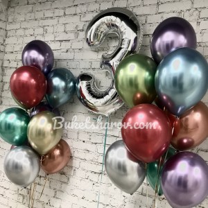 Серебряная цифра и разноцветные хромовые шары, купить в Букет шаров Измайлово.