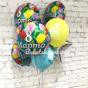 Композиция из розовых сиреневых и голубых шаров с гелием к 8 марта, купить в Букет шаров Измайлово.