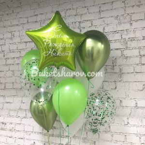 Зеленые и салатовые шары с конфетти и звездой для праздника, купить в Букет шаров Измайлово.