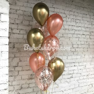 Связка золотых и розовых шаров с конфетти и гелием, купить в Букет шаров Измайлово.