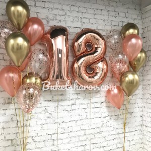 Цифры 18 в цвете розовое золото с золотыми и прозрачными шарами, купить в Букет шаров Измайлово.