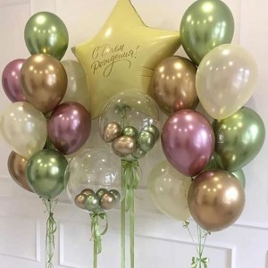 Зеленые золотые и розовые воздушные шары с прозрачными акцентами купить в Букет шаров Измайлово.